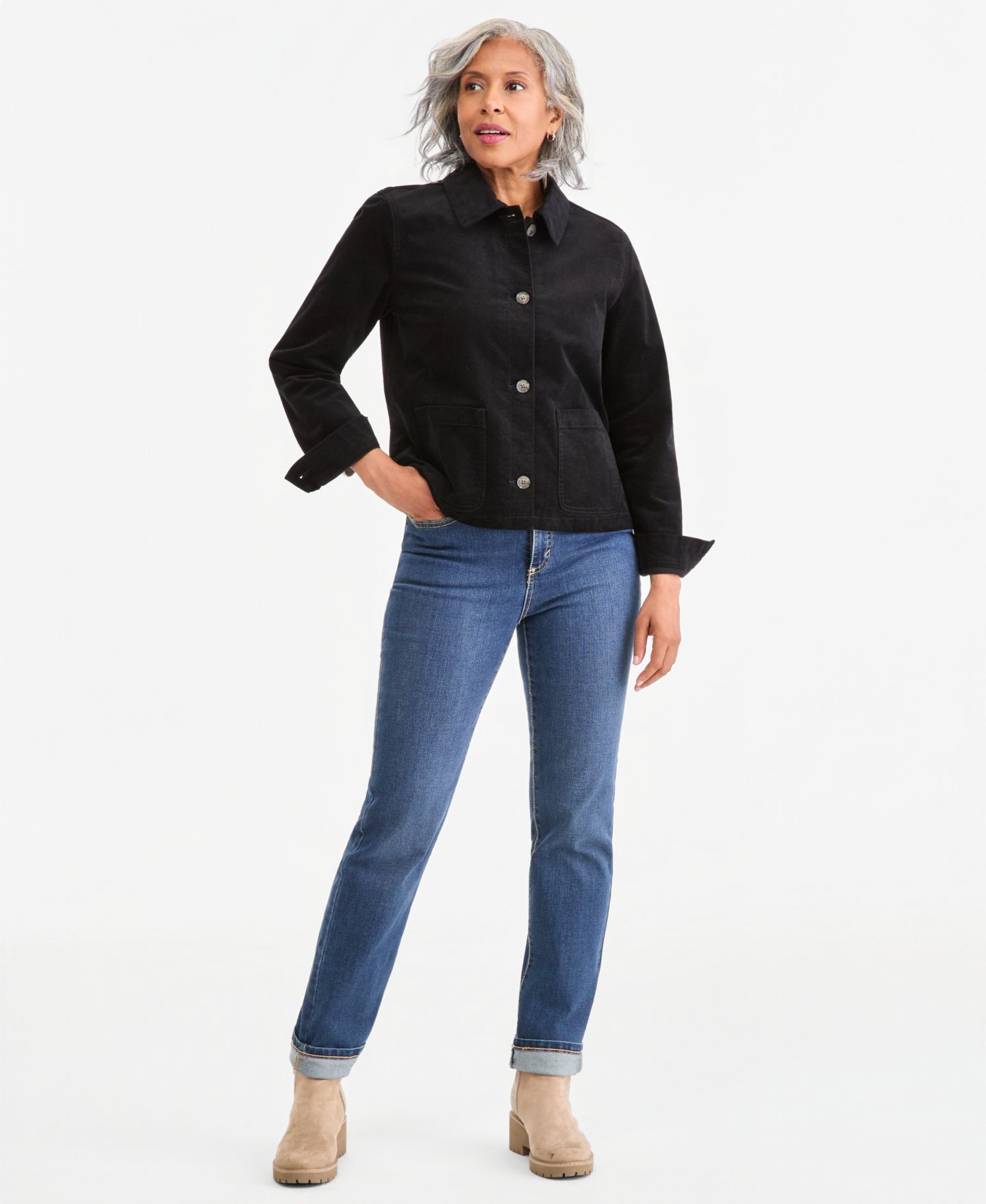 Женская куртка Style & Co Petite Velveteen Patch-Pocket Long-Sleeve, цвет: Глубокий чёрный — фото 2