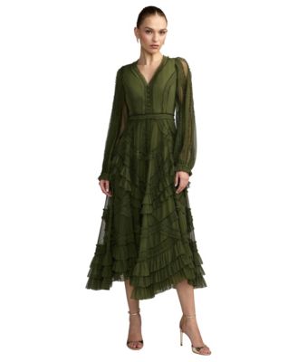 Petite Long Sleeve V Neck Mesh Micro Ruffle Midi Dress