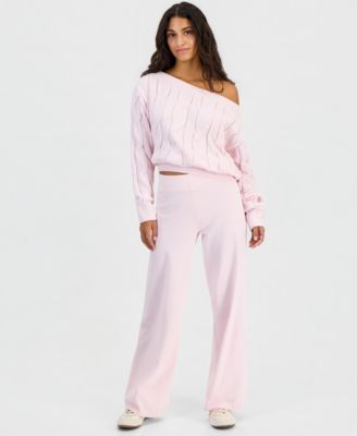 Juniors' Chenille Slouchy Cable-Knit Off-the-Shoulder Sweater and Pull-On Wide-Leg Pants