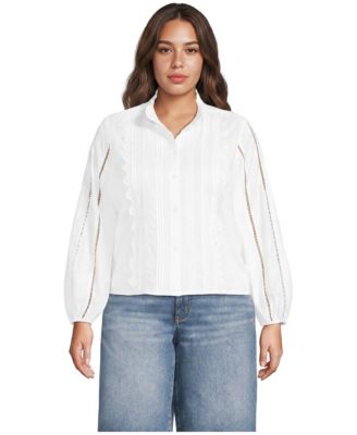 Plus Size Ruffle-Neck Pintuck with Embroidery and Lace Long-Sleeve Shirt