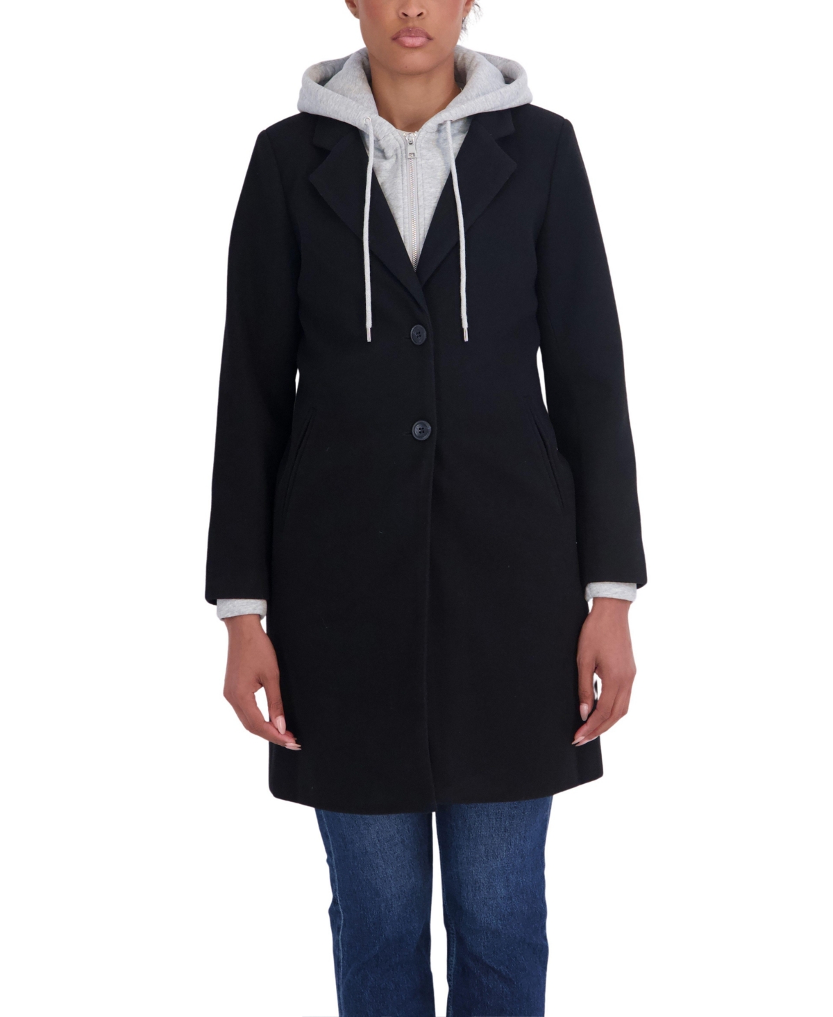 Sebby Collection Women's 3/4 Faux Wool With Inserted Bib Hood Walking Coat - Black
