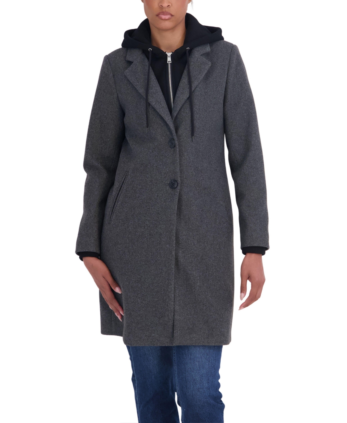 Sebby Collection Women's 3/4 Faux Wool With Inserted Bib Hood Walking Coat - Charcoal