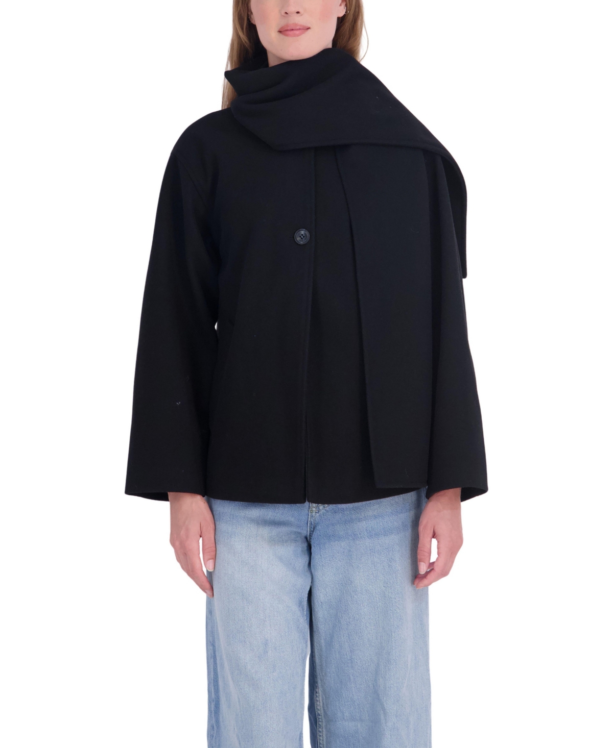 Sebby Collection Women's Faux Wool Collarless Detachable Scarf Coat - Black