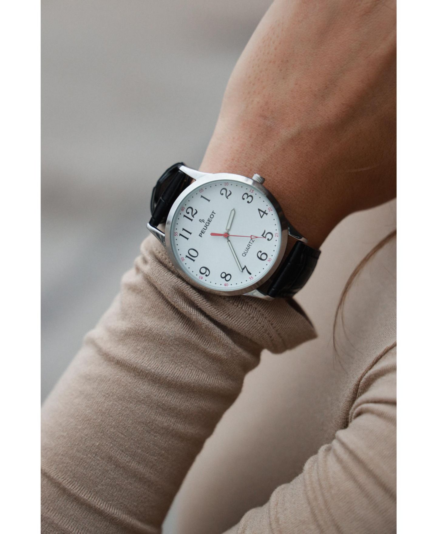 Женские часы Peugeot 40mm Large Face Watch with Bold Arabic Numerals and Leather Band, цвет: Чёрный — фото 3