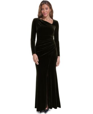 Women's Long-Sleeve Asymmetrical Neckline Velvet Gown