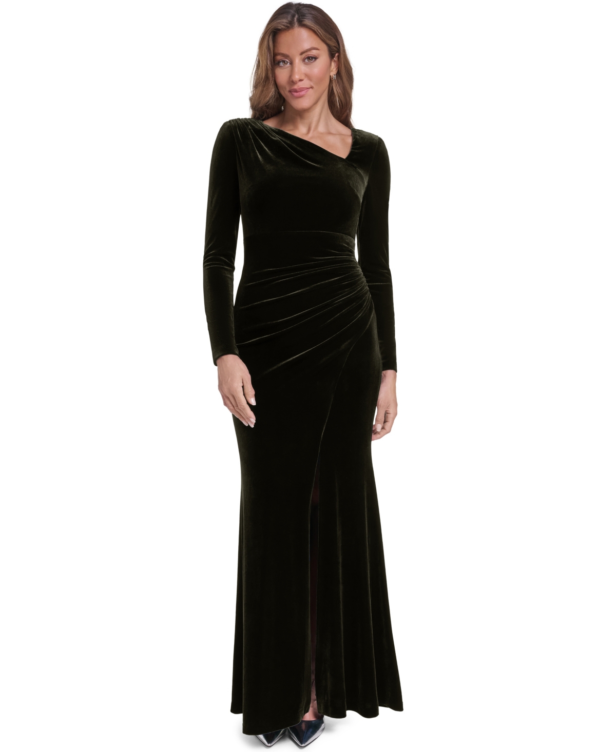 Eliza J Women's Long-Sleeve Asymmetrical Neckline Velvet Gown - Olive