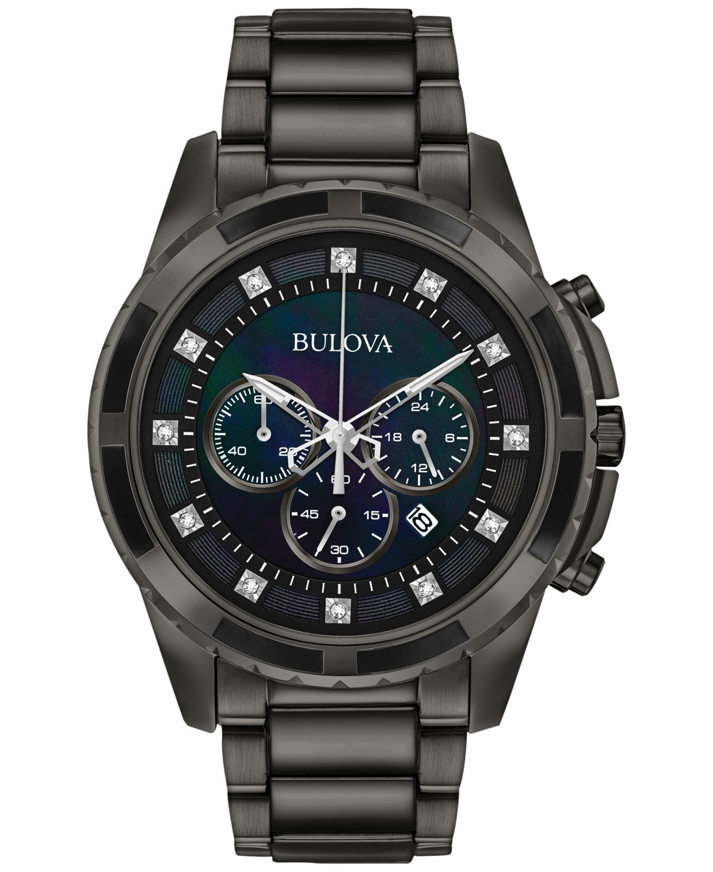 Мужские часы Bulova Chronograph Diamond Accent Dark Gray Stainless Steel Bracelet Watch 44mm 98D133 — фото 1