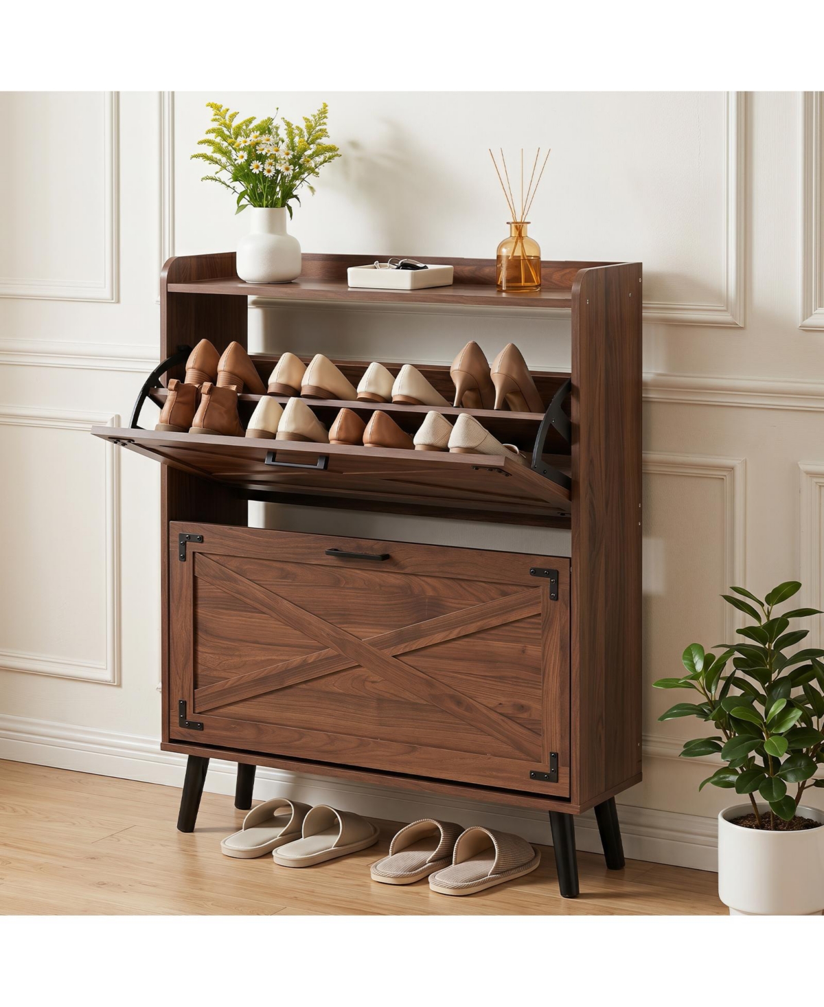 Gymax Narrow Shoe Cabinet w/2 Flip Drawers Adjustable and Removable Shelves for Entryway