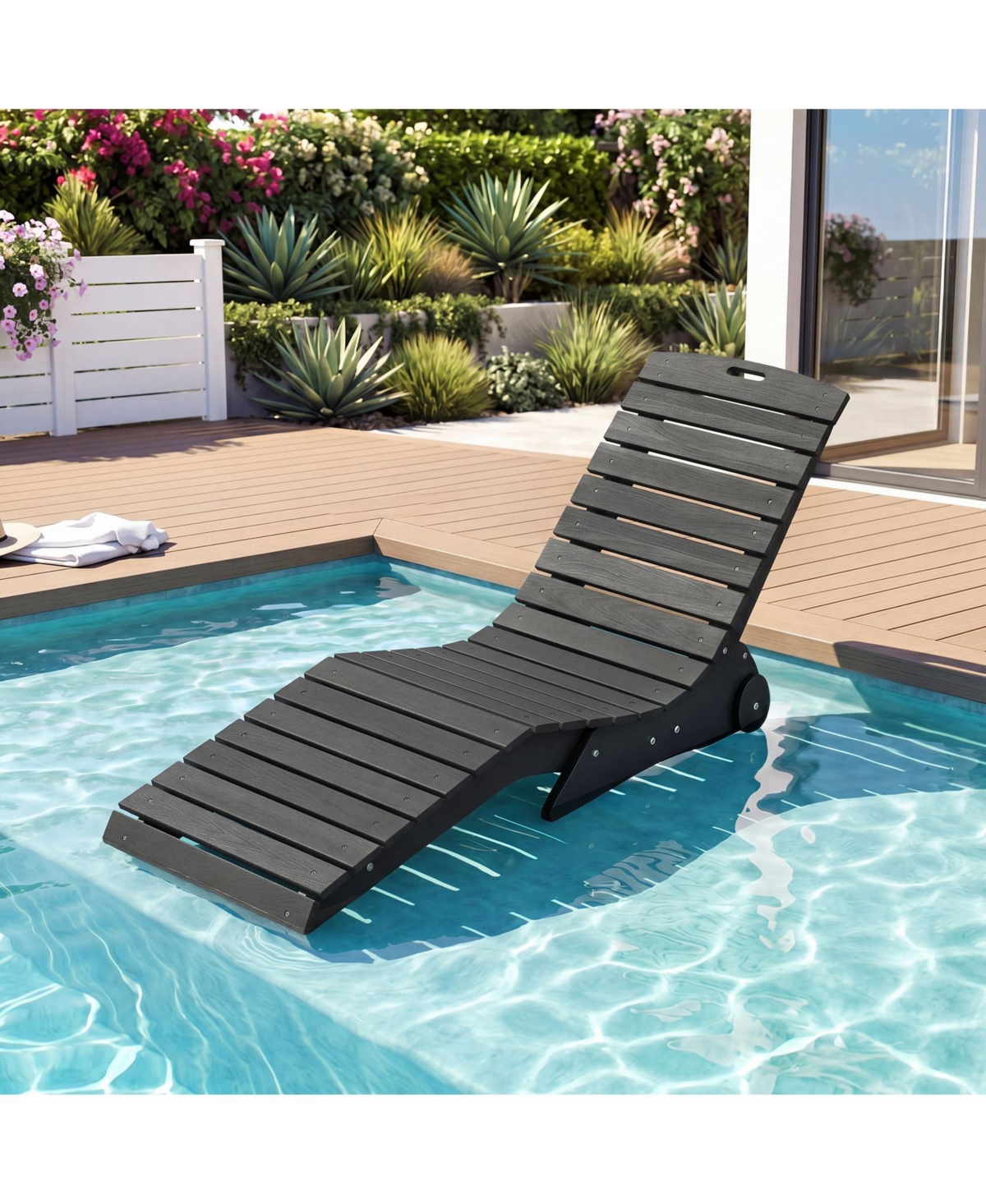 Gymax In-Pool Lounge Chair Ergonomic S-Curve Hdpe Pool Chaise Lounger with Wheels