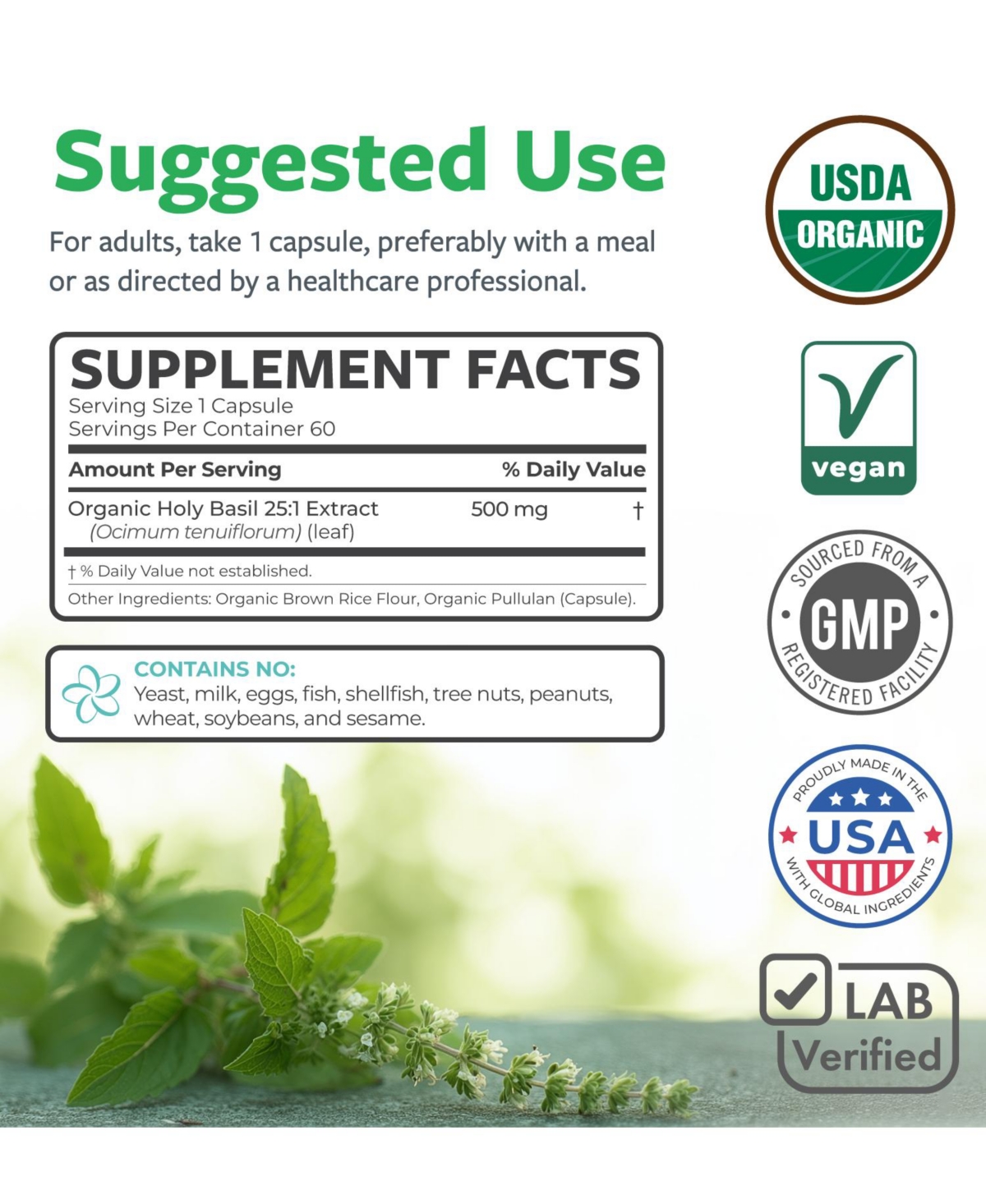 Pure Co Holy Basil Extract Capsules, 25:1 Holy Basil Tulsi Extract, 500 Milligram, 60 Capsules