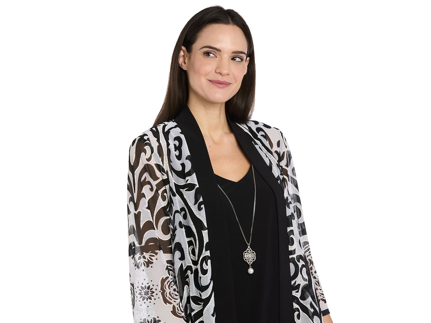 Женские платья R & M Richards Petite The Bianca V-Neck 3/4-Sleeve A-Line Dress and Jacket, 2-Piece Set, цвет: Чёрный / Слоновая кость — фото 3