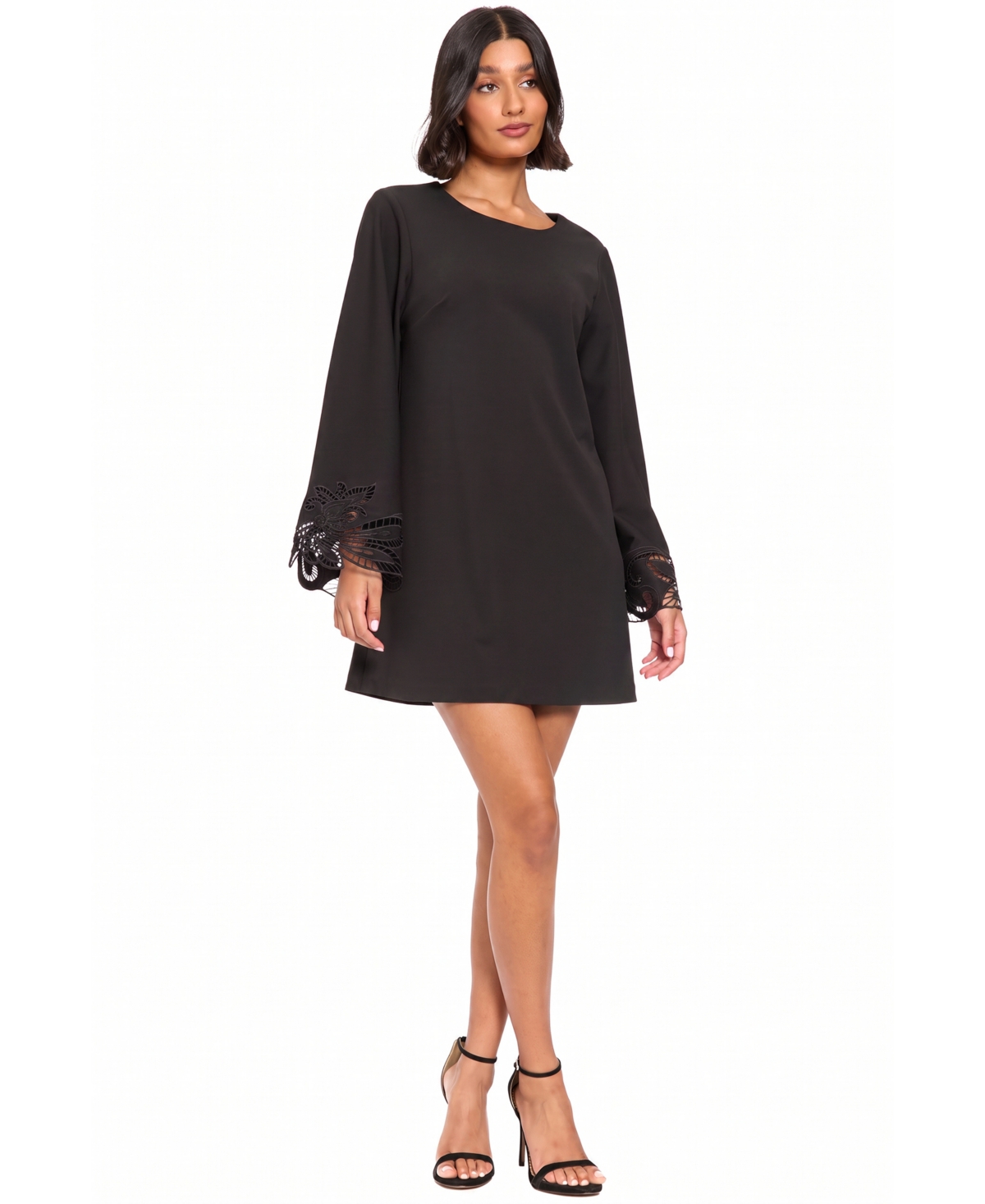London Times Petite Lasercut Long-Sleeve Mini Shift Dress