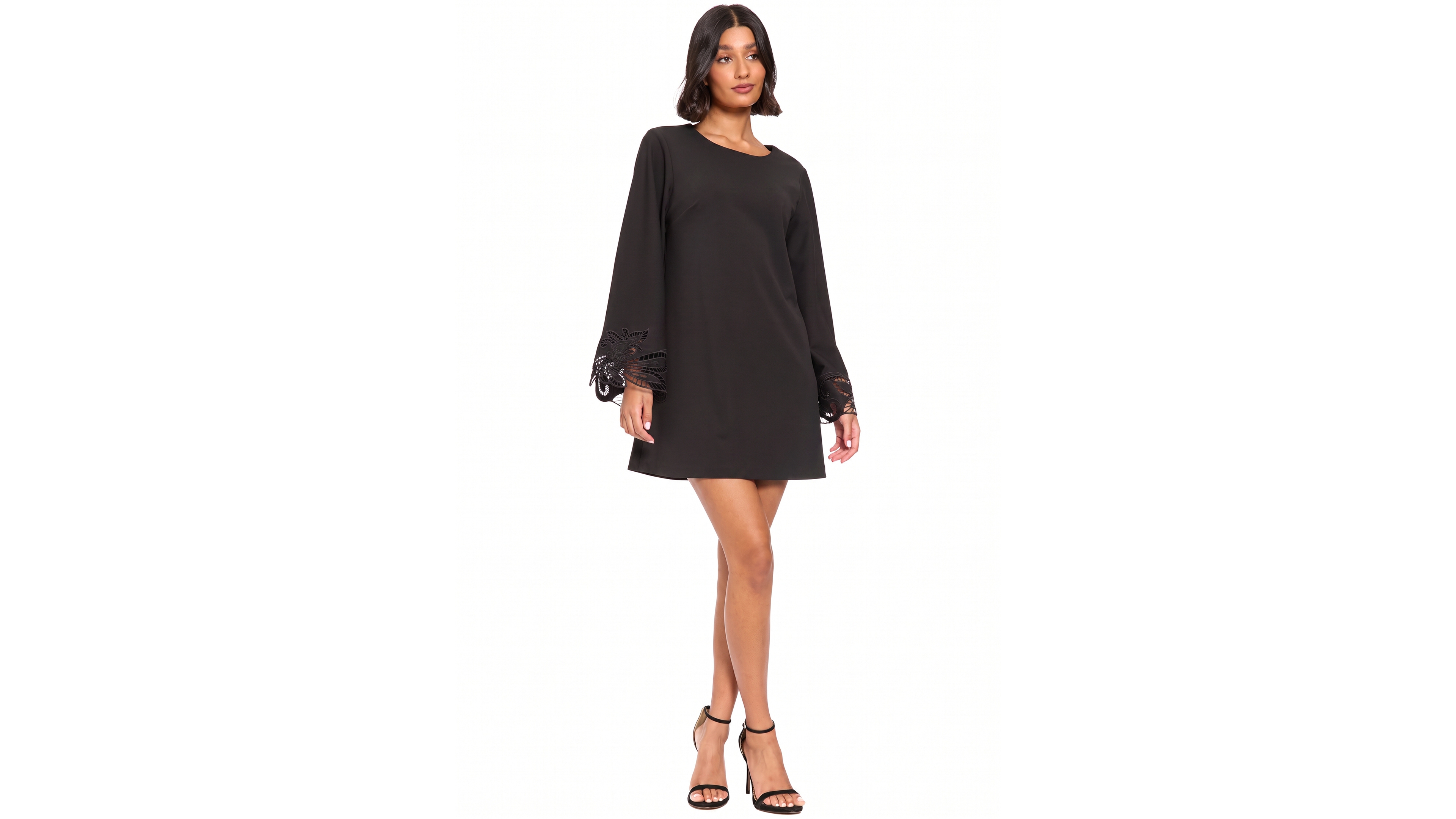 London Times Petite Lasercut Long-Sleeve Mini Shift Dress