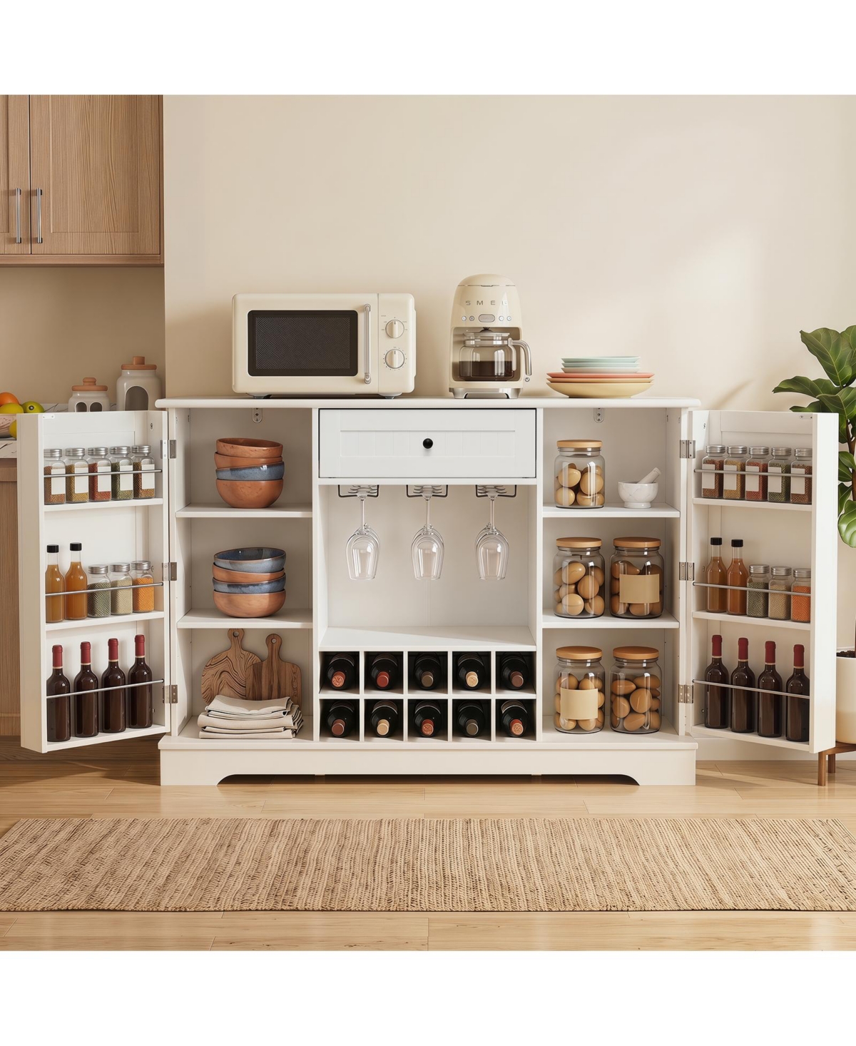 Gymax Sideboard Cabinet with Door Shelves 10-Bottle Wine Rack Glass Holder Drawer