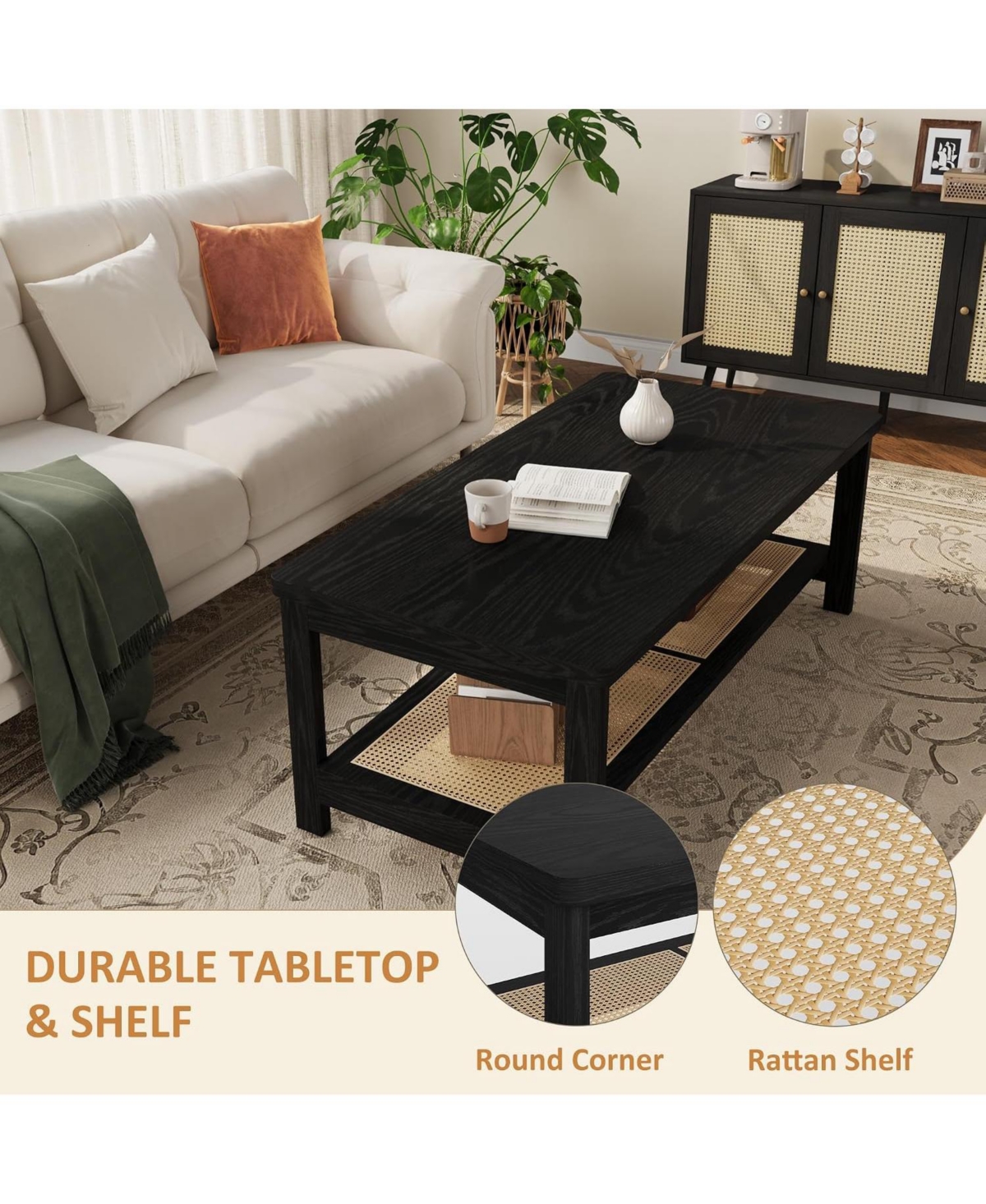 gaomon Living Room Table Set of 2, 62" Rattan Tv Stand Fits 65" and 2-Tier Coffee