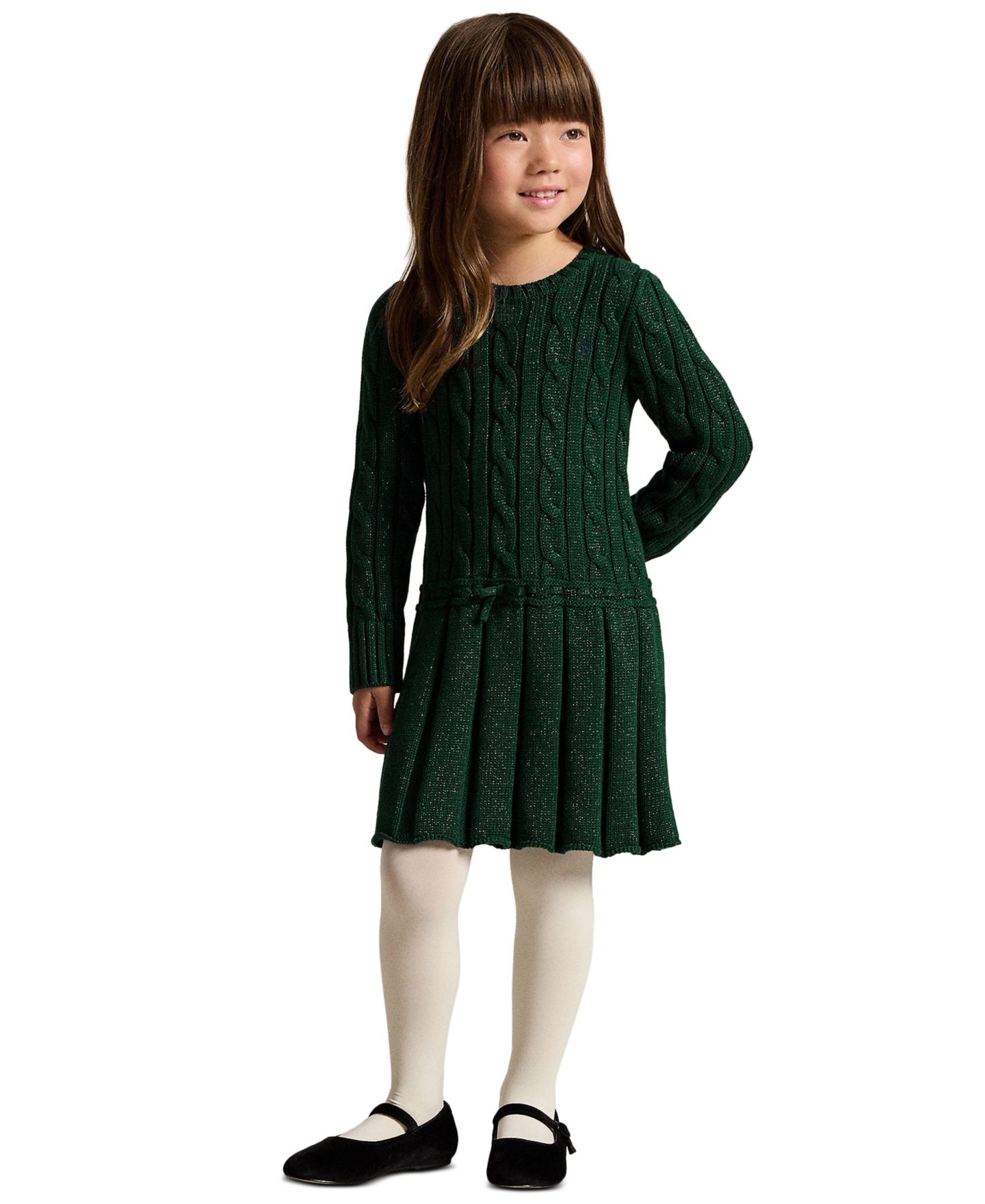 Платье Polo Ralph Lauren Metallic Cable-Knit Cotton Sweater Dress для девочек, цвет: Мох — фото 2