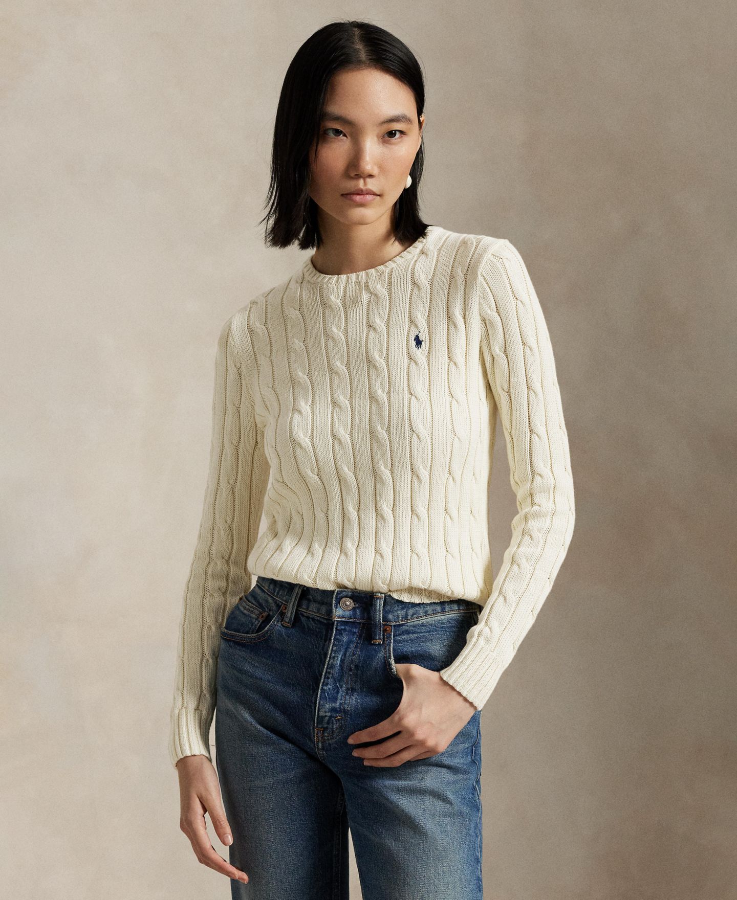Женский свитер Polo Ralph Lauren Cable Wool-Cashmere Crew Neck, цвет: Кремовый — фото 3