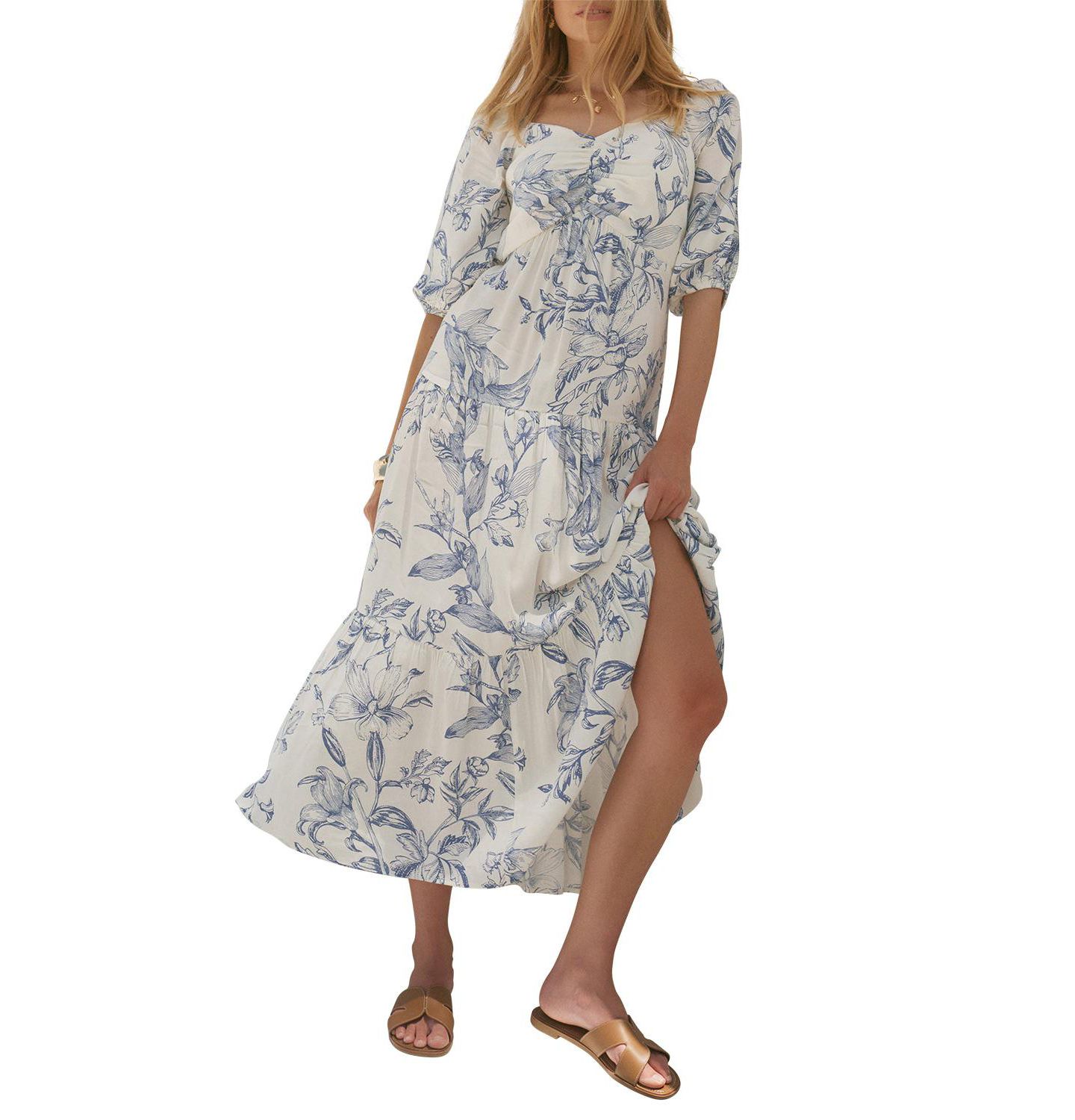 Женское платье Mint Velvet Floral-Print Dropped-Waist Short-Sleeve Maxi, цвет: Синий — фото 1