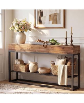 63" Solid Wood Narrow Console Table, 3-Tier Storage Shelves