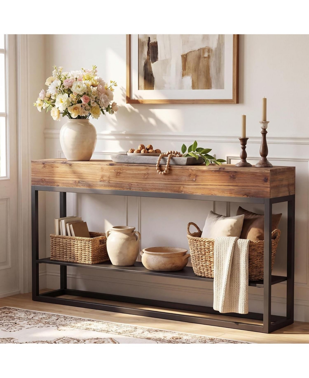 Tribesigns 63" Solid Wood Narrow Console Table, 3-Tier Storage Shelves - Brown and black