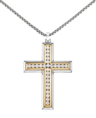 Men's Crystal Two-Tone Cross Box Chain Pendant Necklace