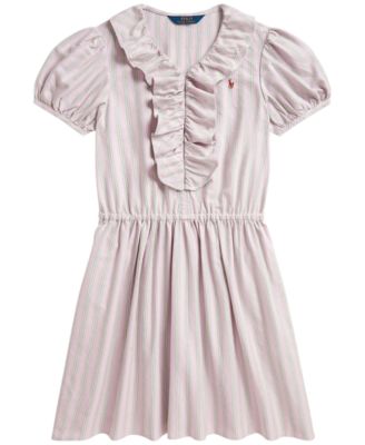 Girls' 7-16 Striped Ruffled Cotton Oxford Dress