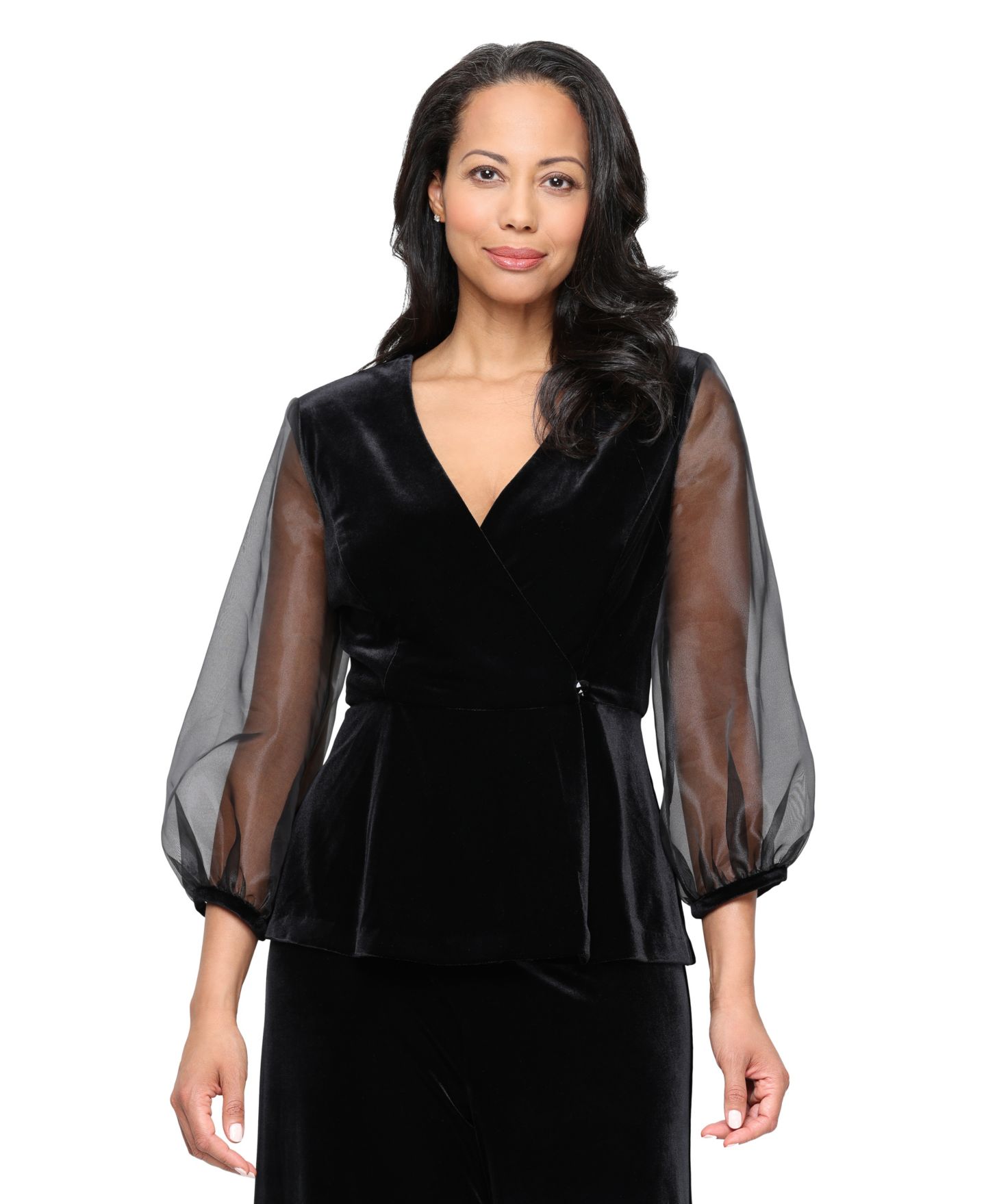 Женский топ Alex Evenings Stretch Velvet 3/4-Sleeve Twinset, цвет: Чёрный — фото 1