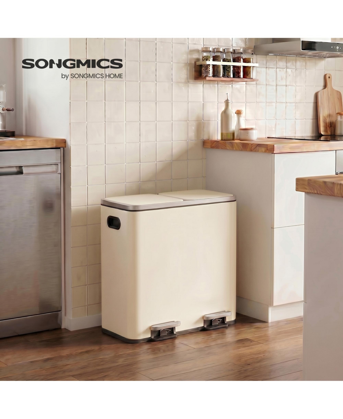 SongmicsHome 2 x 10.6-Gallon (2 40 L) Dual-Compartment Kitchen Trash Can with Hinged Lids, Plastic Inner Buckets and 15 Bags, Airtight Design