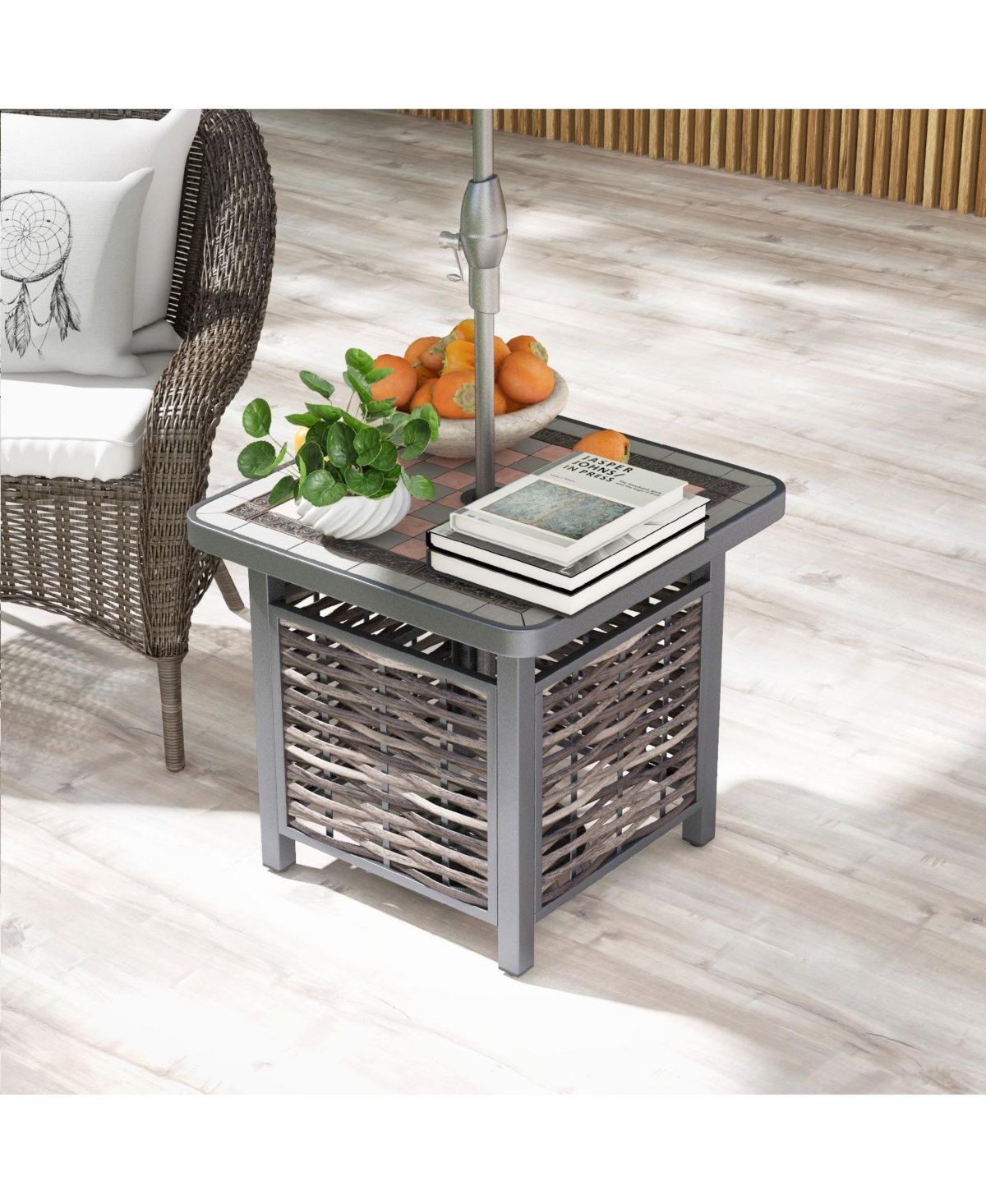Mecale 21.5 in Square Pe Rattan End Table with 1.5 in Umbrella Hole
