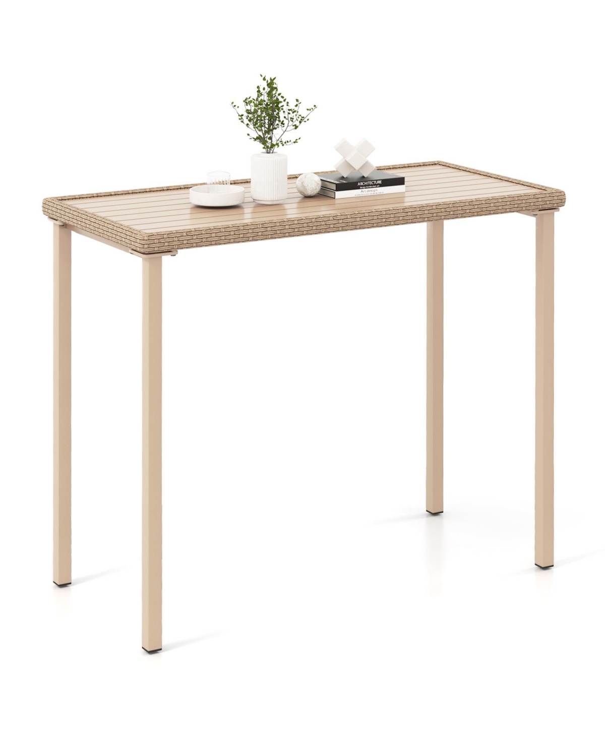 Mecale 48 in Patio Bar Table with Woven Rattan Edge, Holds 180 lbs - Natural
