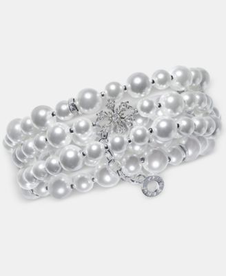 Cubic Zirconia and Imitation Pearl Silver-Tone Snowflake 3-Piece Stretch Bracelet