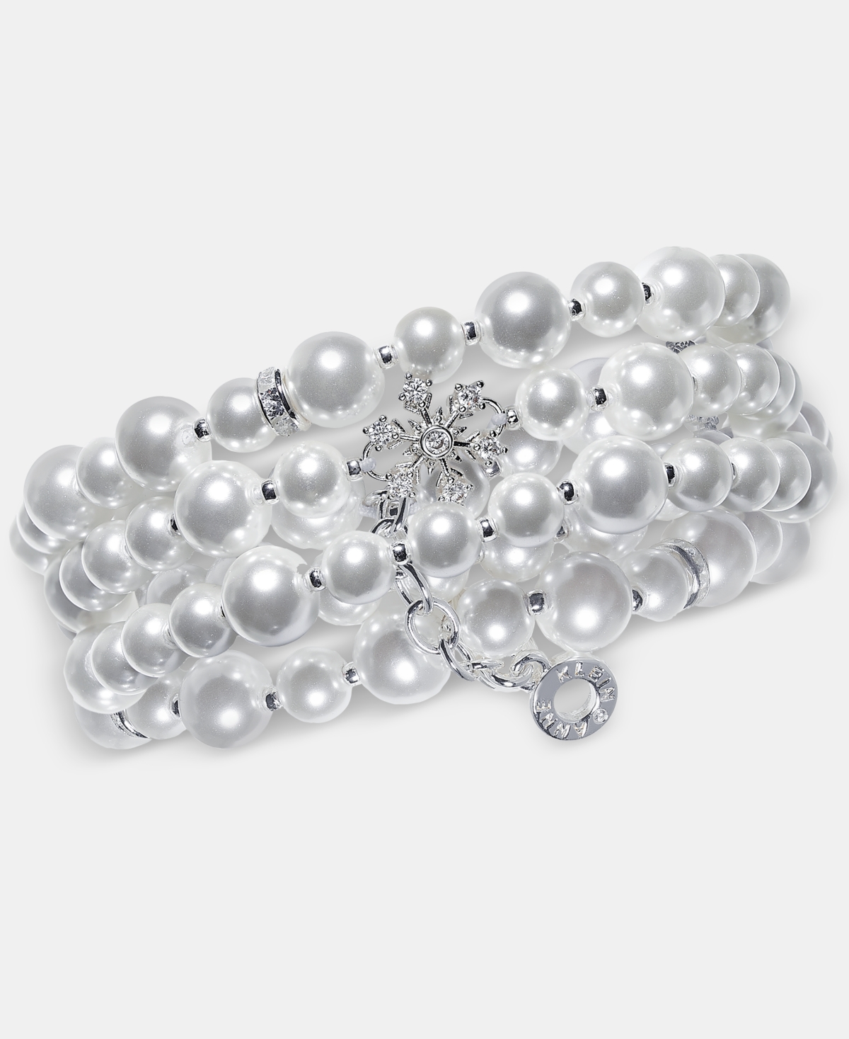 Anne Klein Cubic Zirconia and Imitation Pearl Silver-Tone Snowflake 3-Piece Stretch Bracelet - White