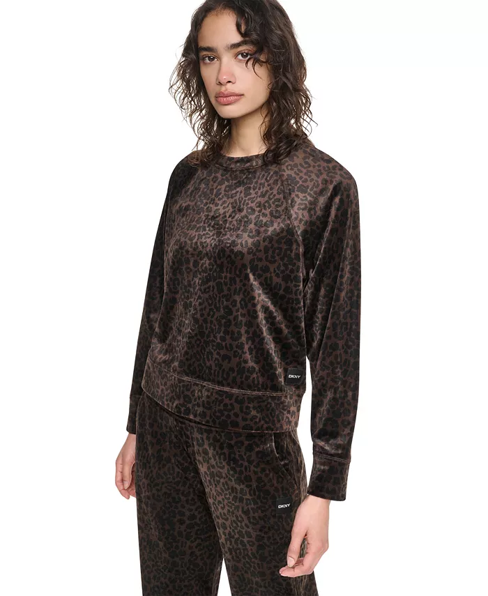 Women's Leopard-Print Super-Soft Velour Raglan Pullover Top
