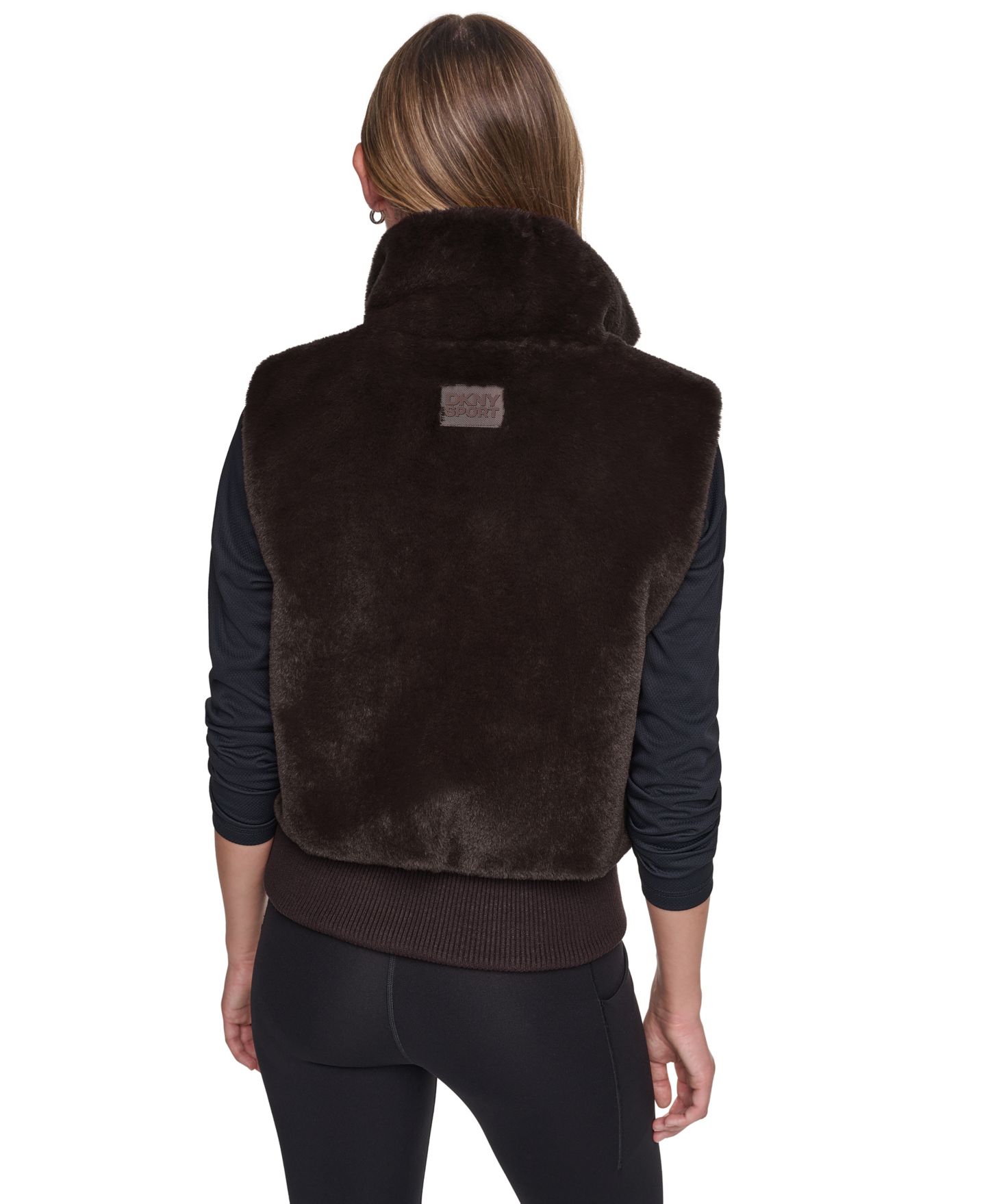 Женский жилет DKNY Sport Mock-Neck Ribbed-Knit Hem Faux Fur Vest, цвет: Чёрный — фото 18