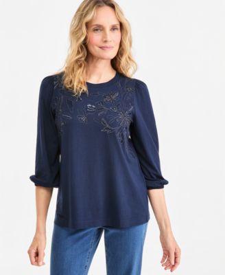 Petite Floral-Embellished 3/4-Sleeve Top