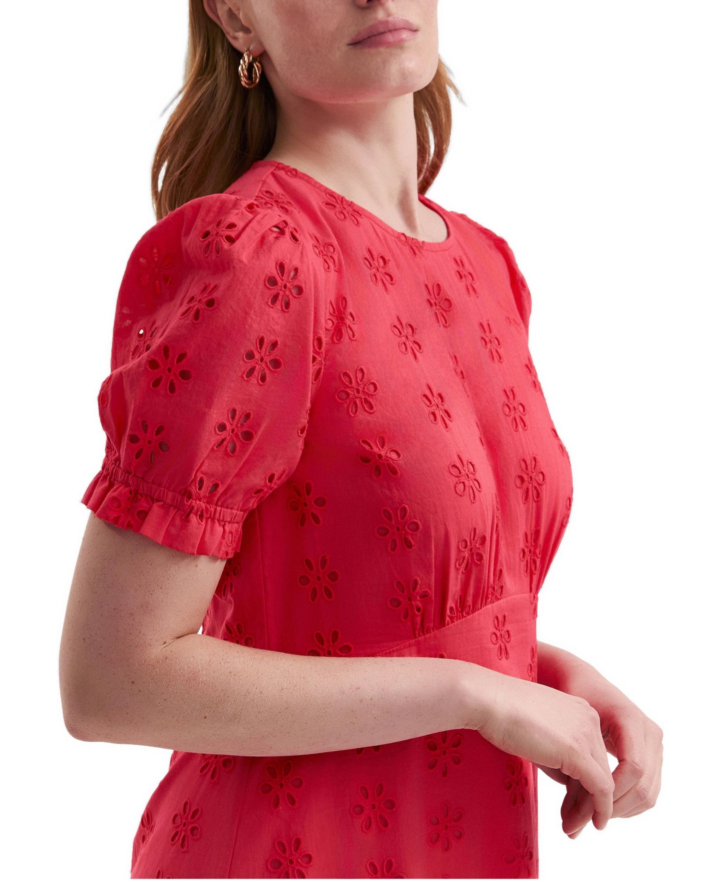 Женское платье Finery London Mela Cotton Floral-Embroidered Eyelet Empire-Waist Midi Tea, цвет: Коралловый — фото 2
