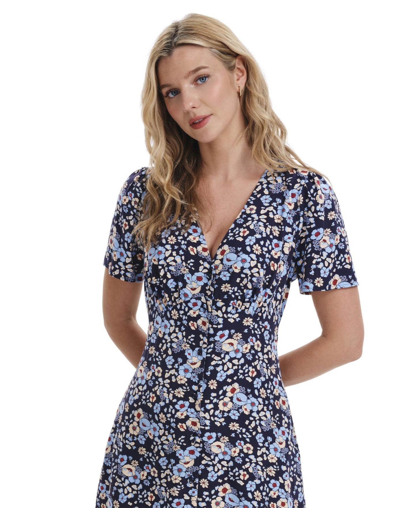 Женское платье Finery London Orlagh V-Neck Short-Sleeve Floral-Print, цвет: Синий с принтом — фото 4