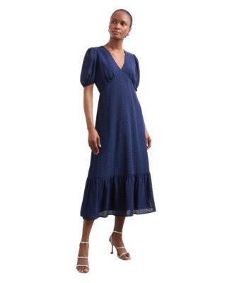 Women's Loretta Fit & Flare Empire Waist Puff-Sleeve V-Neck Georgette Midi Dress