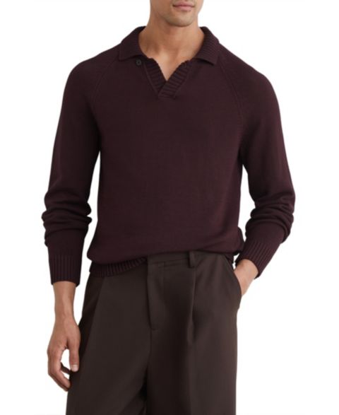Мужской свитер REISS Ashdown Raglan-Sleeve Open-Collar Cotton Polo Sweater, цвет: Бордо