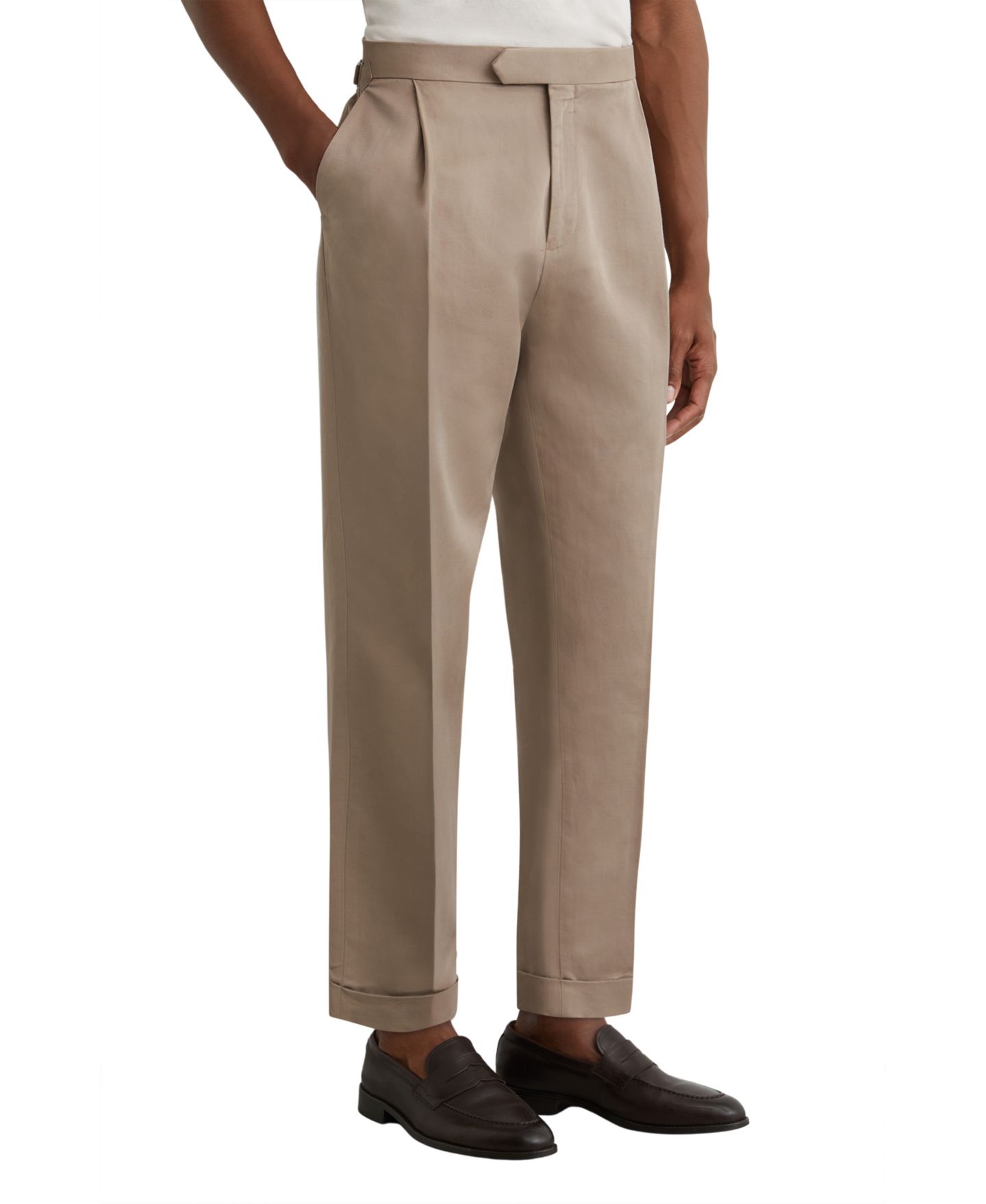 Мужские брюки REISS Com Cotton-Linen Blend Tapered Pleated Trousers, цвет: Серо-коричневый серый — фото 1