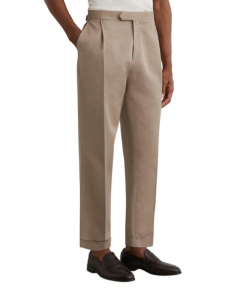 Мужские брюки REISS Com Cotton-Linen Blend Tapered Pleated Trousers, цвет: Серо-коричневый серый