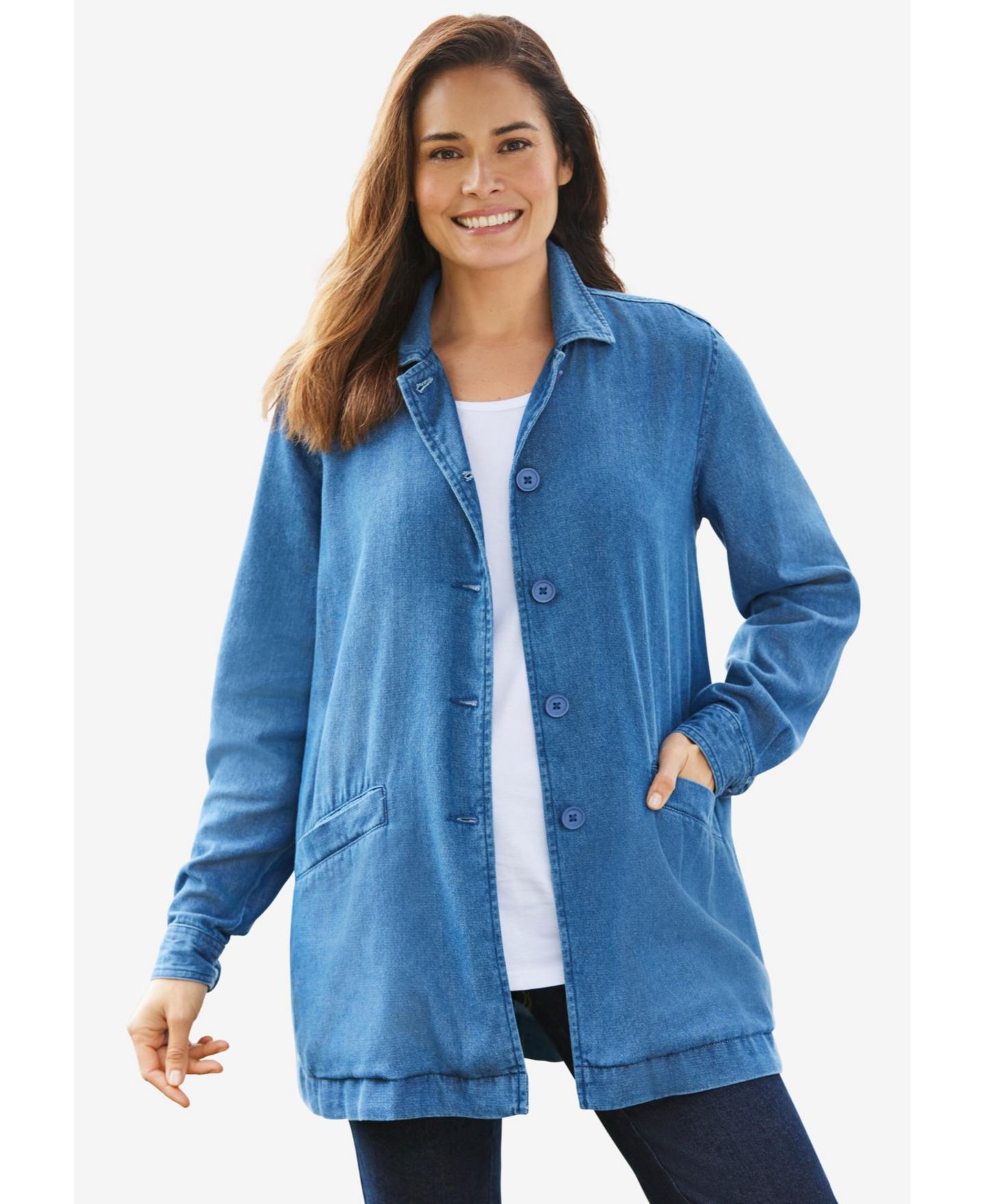 Женская куртка Woman Within Plus Size Within Pleat-Back Denim Jacket, цвет: Чёрный — фото 4