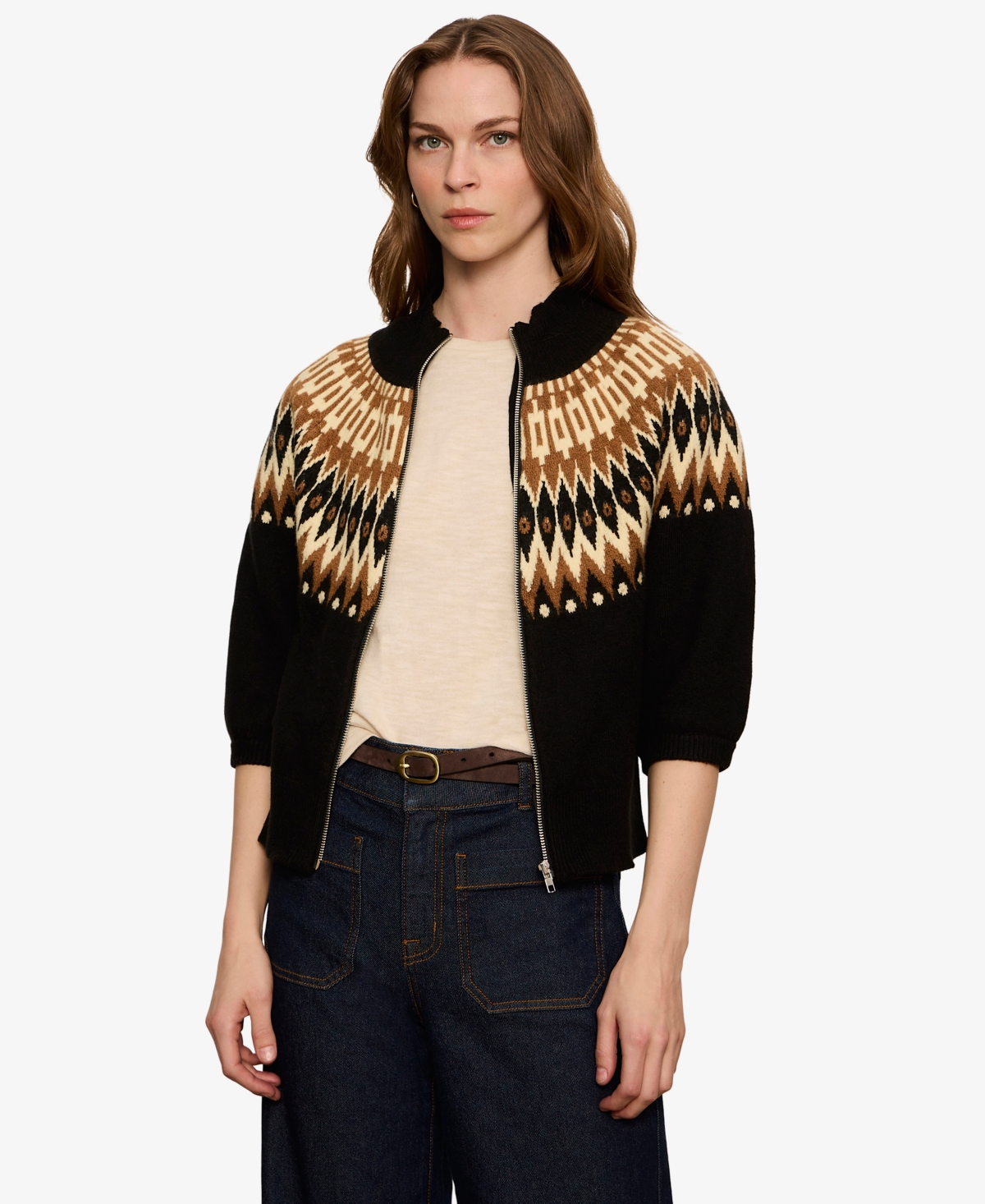 Sanctuary Women's Fairisle Zip-Up Short Sleeve Semi-Cropped Cardigan