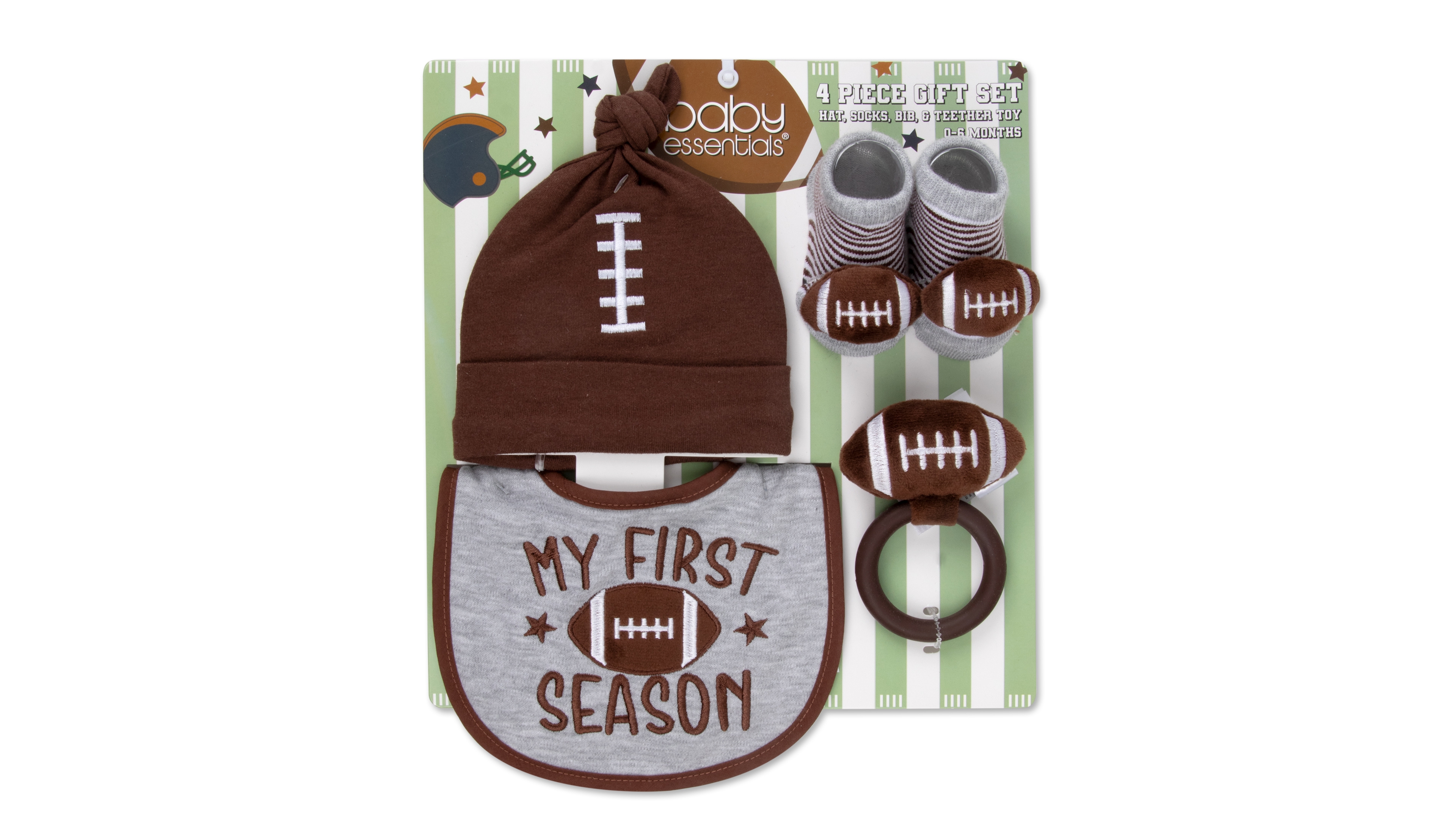 Baby Essentials Baby Football-Themed Bib, Beanie, Socks and Teether, 4-Piece Set