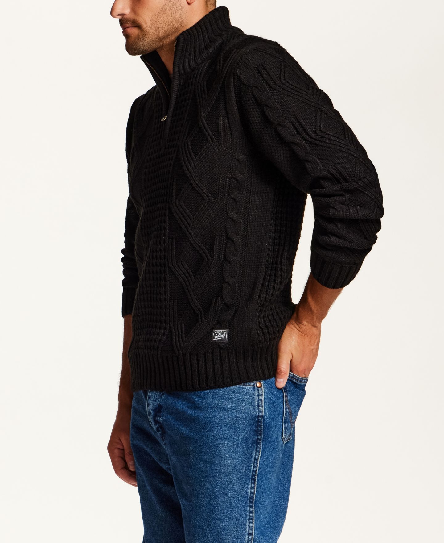 Мужской свитер Weatherproof Vintage Cable-Knit Quarter-Zip, цвет: Чёрный — фото 2