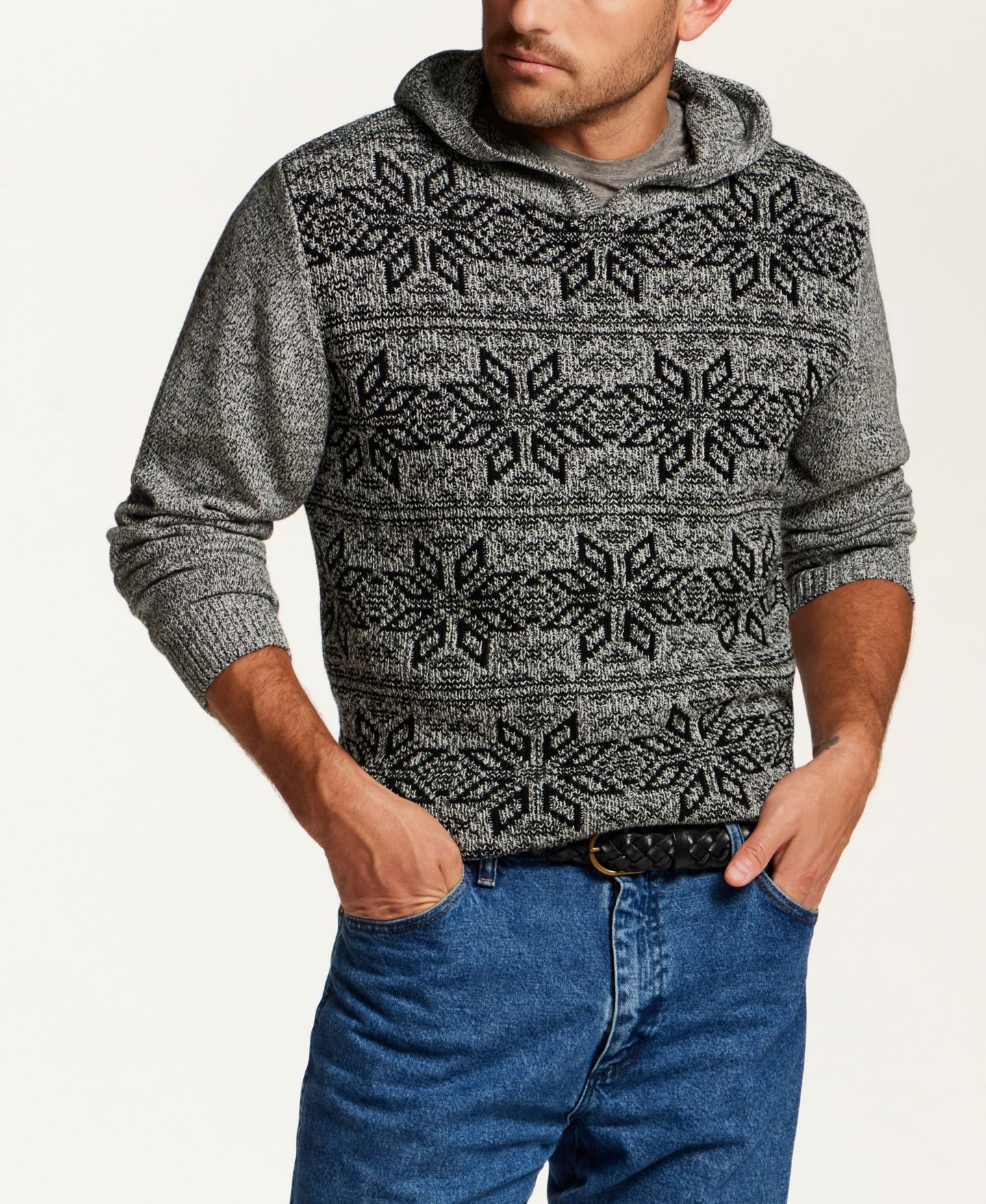 Мужской свитер Weatherproof Vintage Marled Snowflake Cotton Hooded Pullover, цвет: Серый — фото 1