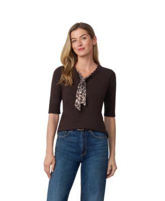 Women's Printed Chiffon Tie-Neck Elbow-Length Sleeve Sweater
