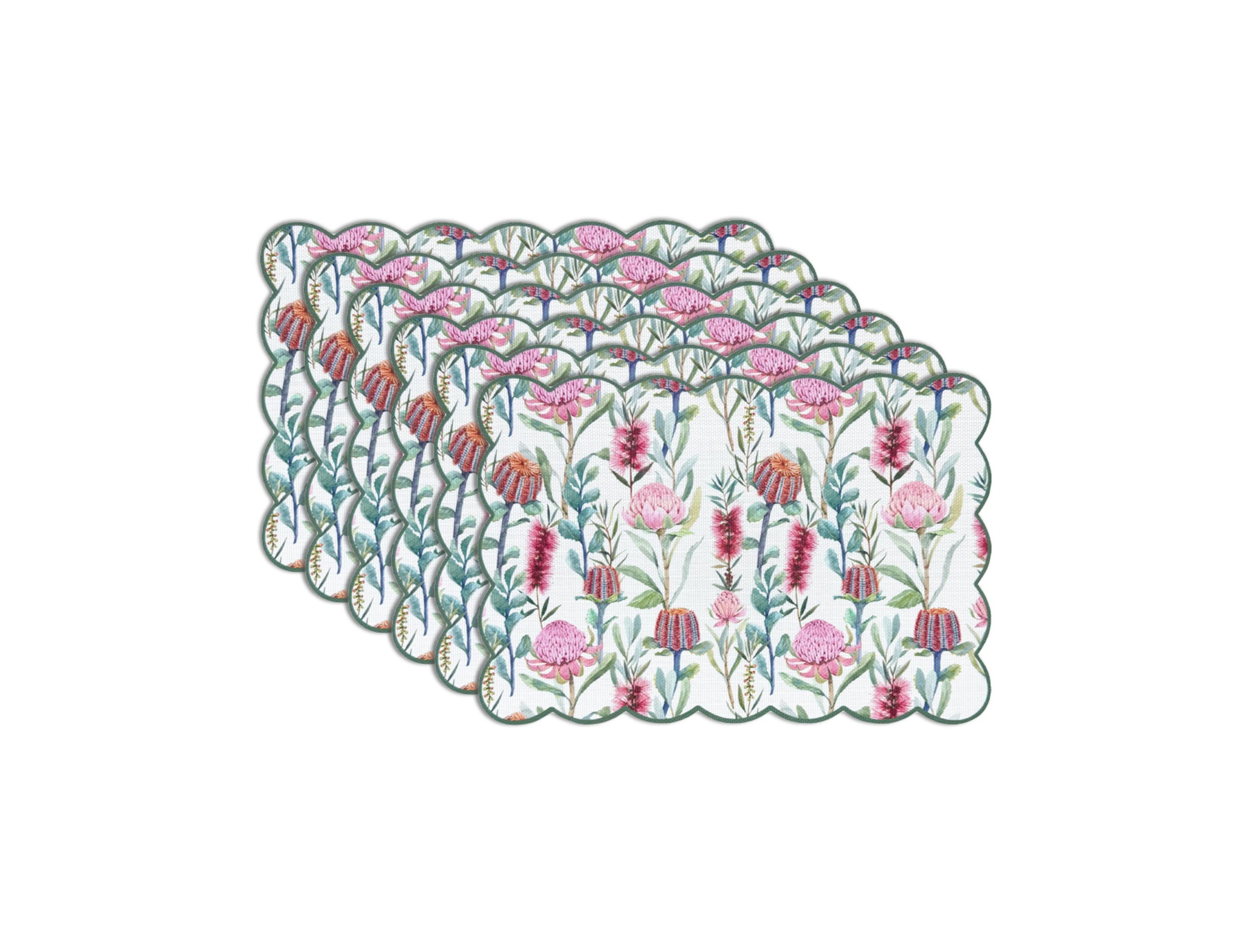 Dainty Home Garden Bloom Woven Vinyl Scalloped Border Rectangular Placemat Set Of 6 13 in x 19 in