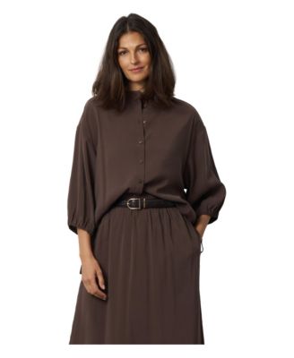 Women's 3/4 Balloon-Sleeve Band Collar Relaxed-Fit Blouse