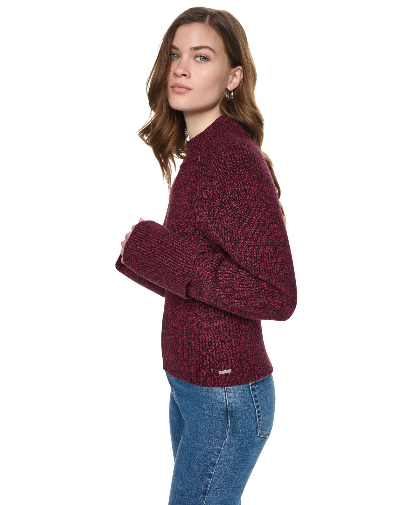 Женский свитер DKNY Jeans Long-Sleeve Mock-Neck Raglan, цвет: Свекольный / Чёрный — фото 3